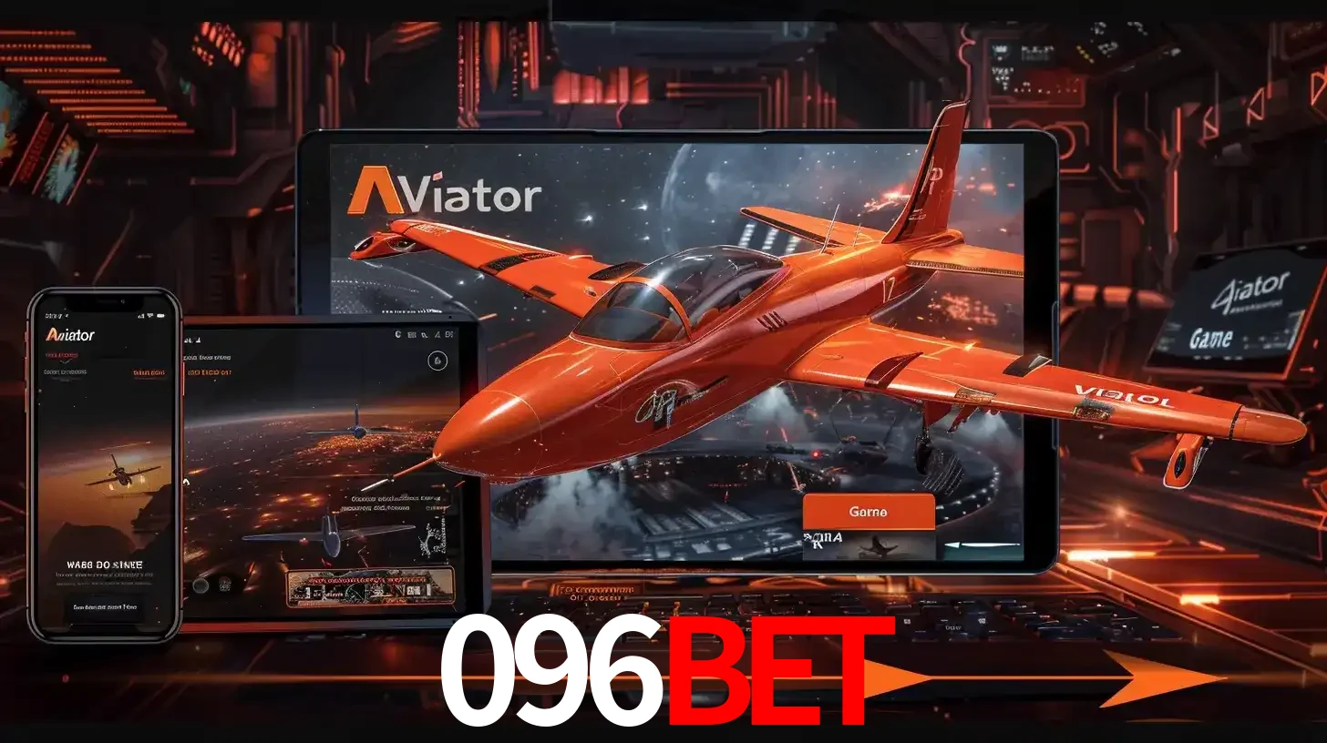 Apresentação tecnológica do jogo Aviator com um avião saindo da tela de um tablet, demonstrando a experiência imersiva em múltiplos dispositivos no 096bet.