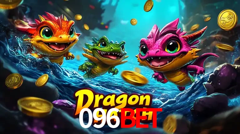 Arte promocional do jogo Dragon Hatch com três adoráveis dragões bebês nadando entre moedas de ouro, um dos slots mais divertidos para jogar no cassino 096bet.