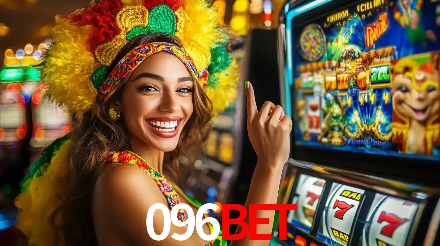 Mulher animada com um cocar de carnaval apontando para uma máquina de caça-níqueis, mostrando a emoção de ganhar um grande prêmio nos jogos do 096bet.