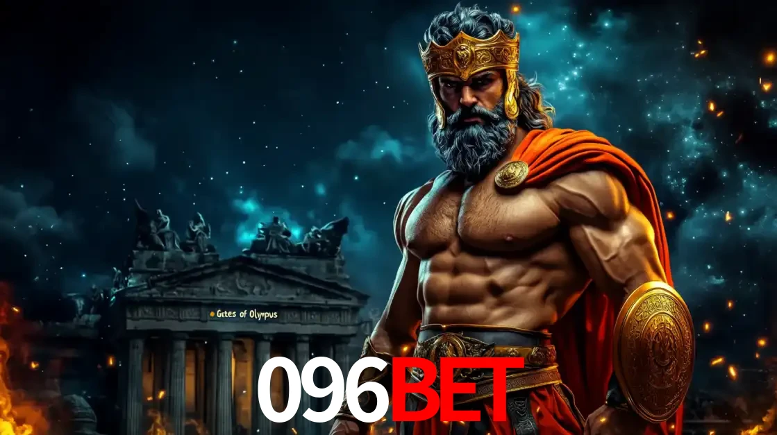 O poderoso Zeus do jogo de slot Gates of Olympus em frente ao seu templo, pronto para lançar multiplicadores divinos e prêmios épicos no cassino online 096bet.