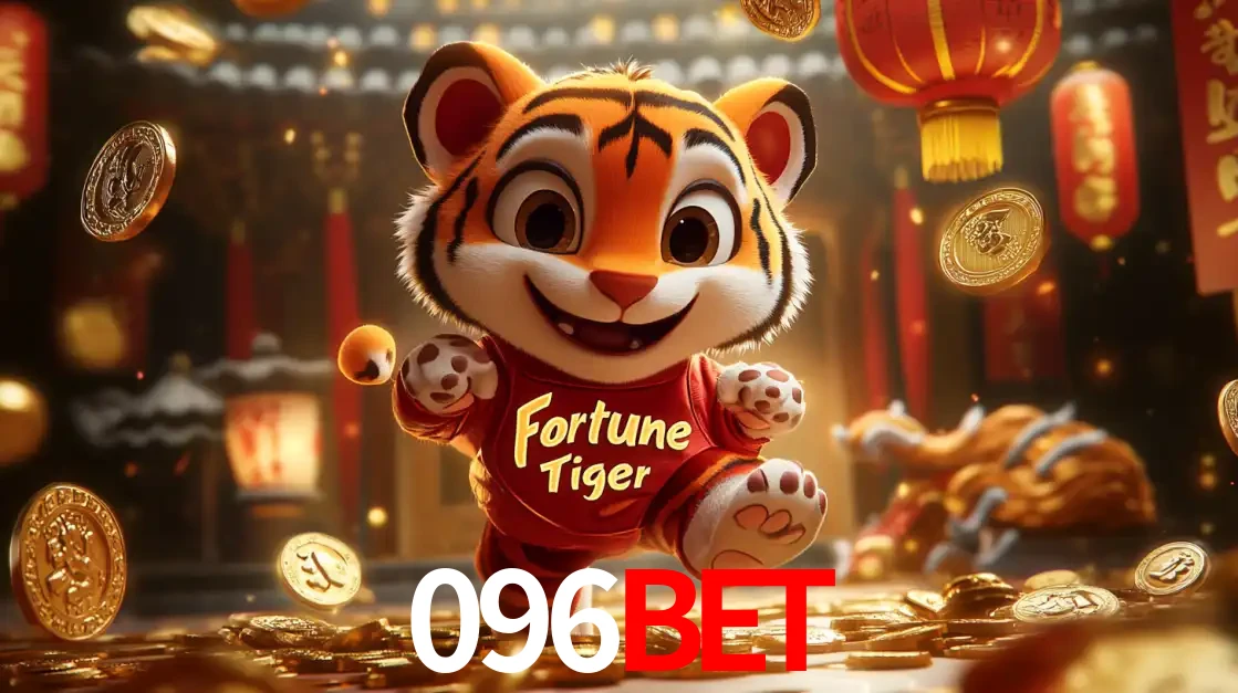 O alegre personagem do Fortune Tiger correndo sobre um caminho de moedas de ouro, simbolizando os grandes prêmios e a diversão do popular jogo de slot do 096bet.