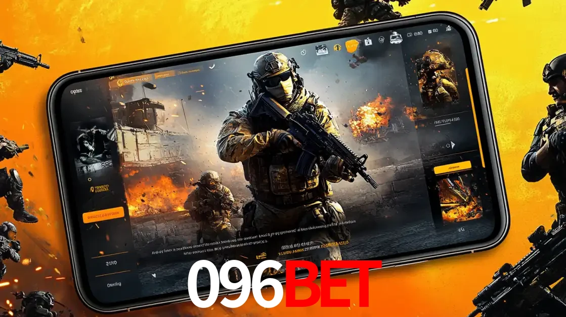 Um smartphone exibindo a interface de um jogo de tiro em primeira pessoa, com um soldado em um cenário de batalha, representando a ação dos e-sports para apostar no 096bet.