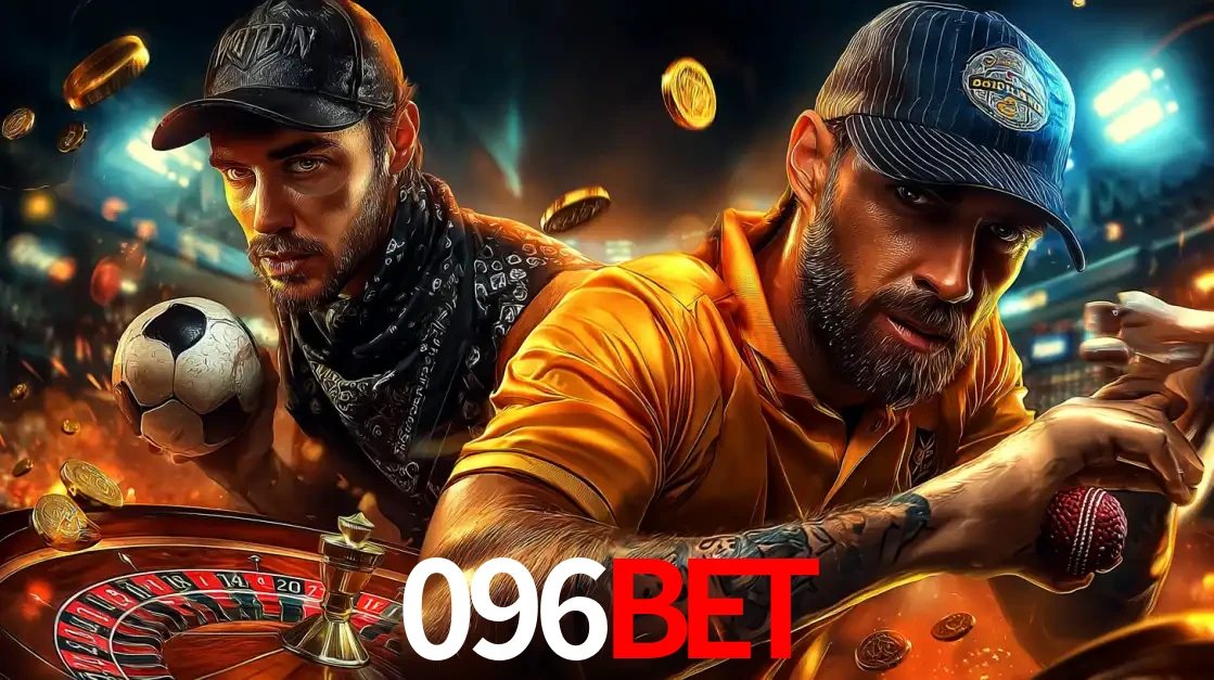 Montagem de apostas esportivas e cassino no 096bet, com um homem segurando uma bola de futebol e outro uma de beisebol sobre uma roleta e moedas voadoras.