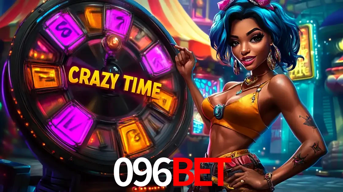 Mulher estilizada com cabelo azul e visual vibrante posando ao lado da roda de prêmios do game show Crazy Time, convidando para a diversão e os bônus do cassino 096bet.