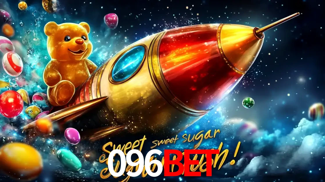 Arte promocional do jogo de slot Sugar Rush, com um urso de pelúcia em um foguete viajando pelo espaço de doces, um dos jogos divertidos disponíveis no cassino 096bet.