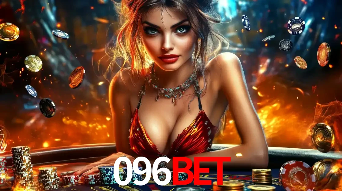 Mulher em uma mesa de cassino com pilhas de fichas e um fundo de fogo, pronta para uma rodada de altas apostas nos jogos de mesa emocionantes do cassino 096bet.