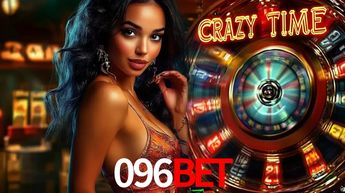 Mulher elegante ao lado da vibrante roda da fortuna do jogo de cassino ao vivo Crazy Time, um dos game shows mais populares e cheios de prêmios do 096bet.