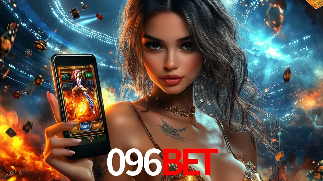 Mulher segurando um celular com um jogo de slot em destaque, tendo como fundo um estádio vibrante, simbolizando a emoção de jogar no cassino móvel 096bet.