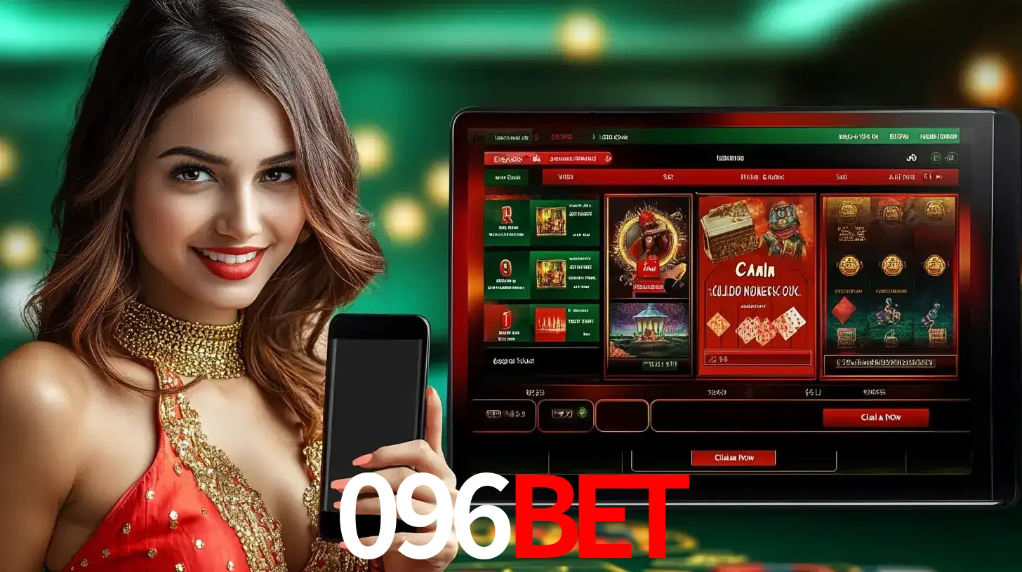 Mulher sorridente segurando um smartphone, ao lado de uma tela exibindo o lobby de jogos do cassino online 096bet, com várias opções de jogos de cartas e slots.